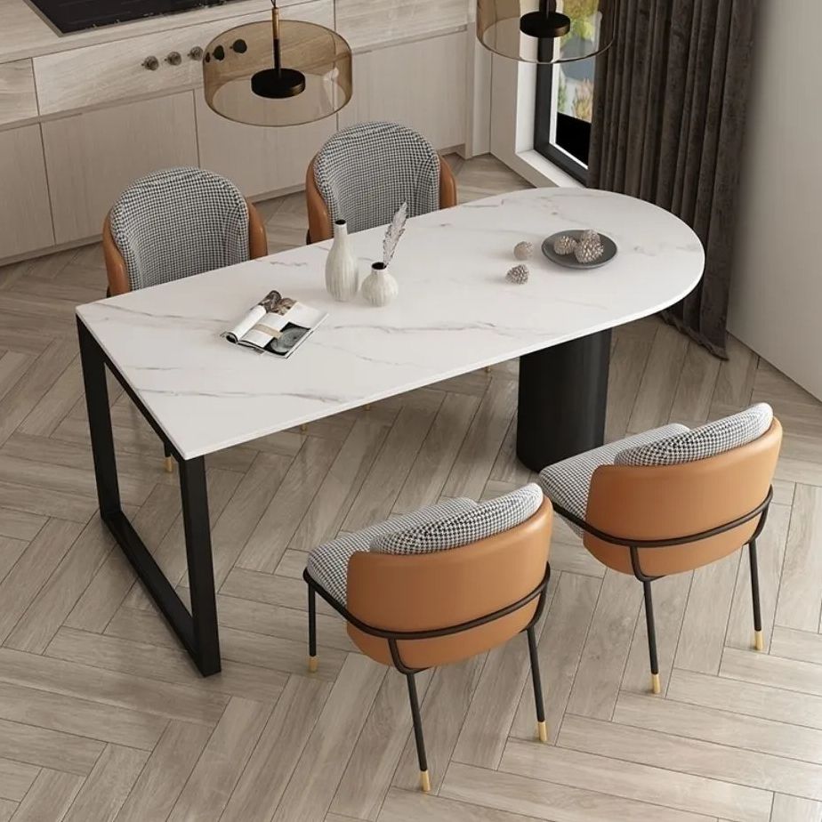 White Stone Top Dinner Room Kitchen Table Modern Metal Base Dinner Table