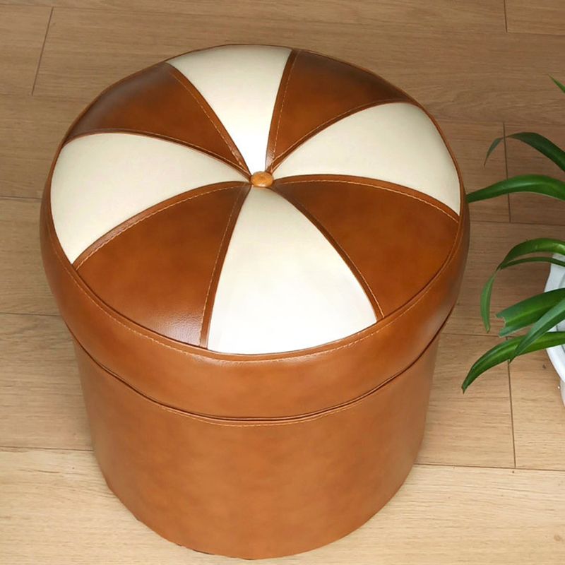 Mid-Century Modern Pouf Ottoman PU Leather Upholstered Tufted Patchwork Round Ottoman