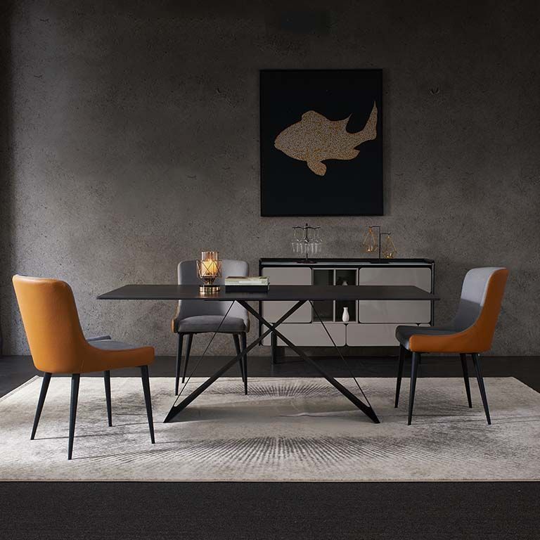 Black Industrial Rectangle Dining Table Stone Top Table with Metal Base