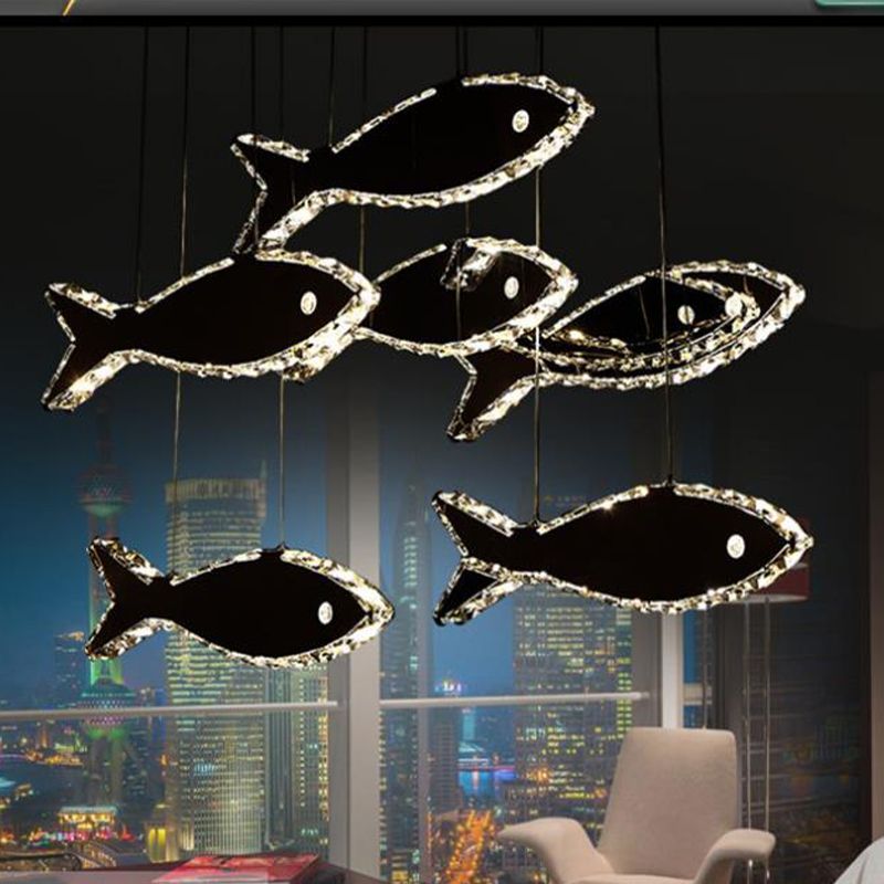 Crystal Fish Ceiling Chandelier Contemporary LED Chrome Hanging Light Fixture in White/Warm Light