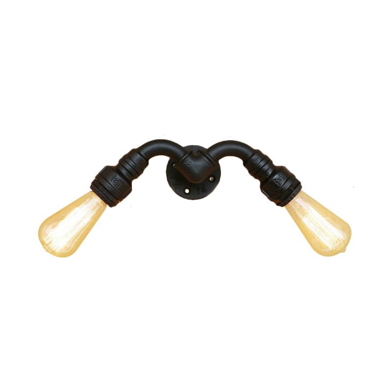 Lámpara de pared de bombilla desnuda de estilo vintage con diseño de tuberías de 2 cabezas aplique de pared metálica en negro para interiores