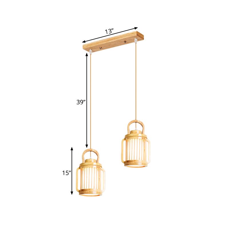 Noordse 2 koppen hangende lamp beige waterkan multi -light hanger verlichting met houten schaduw