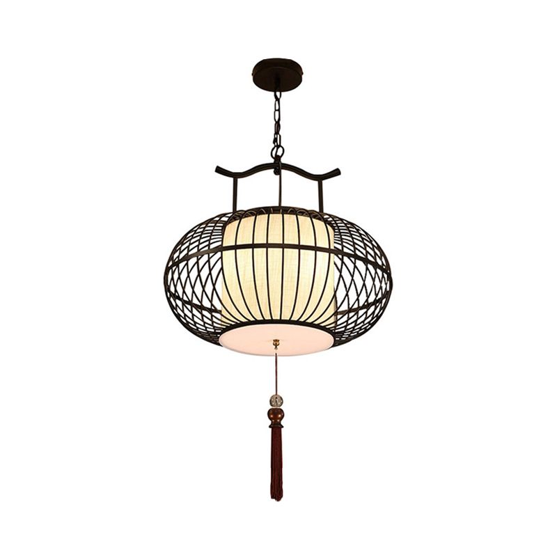 Cylinder Dining Room Pendant Light Traditional Fabric 12"/16"/19.5" Wide 1 Light Black/Gold Hanging Lamp Kit with Cage