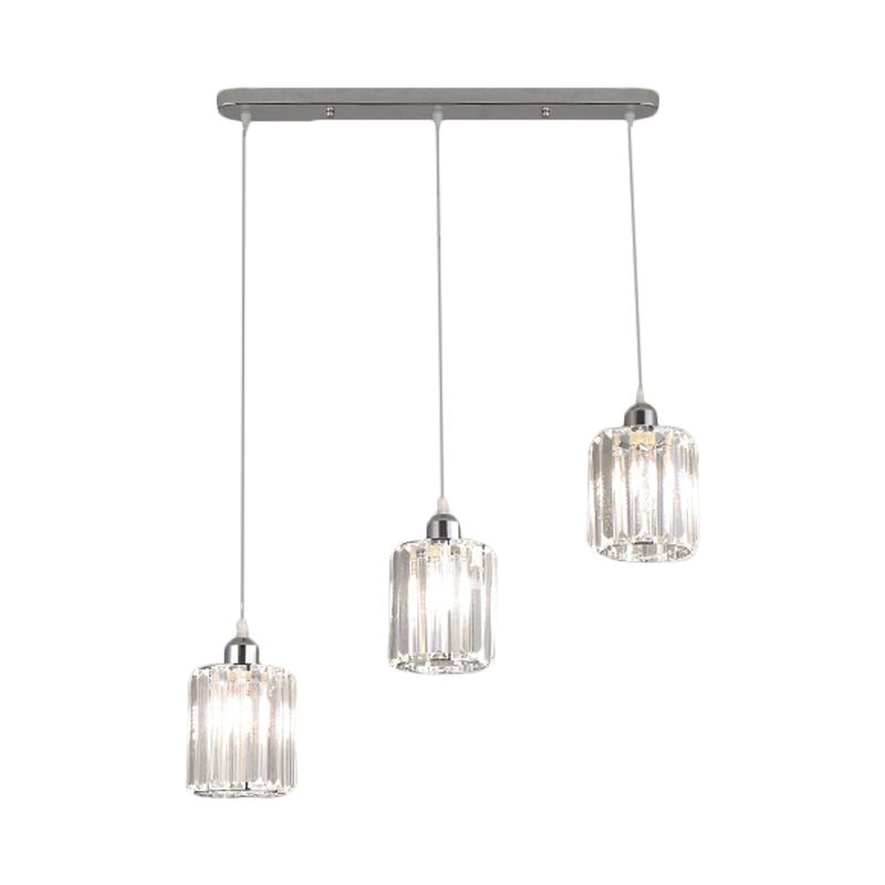 3-Light Restaurant Multi Light Ceiling Light Minimal Chrome Pendant with Cylinder Clear Crystal Shade