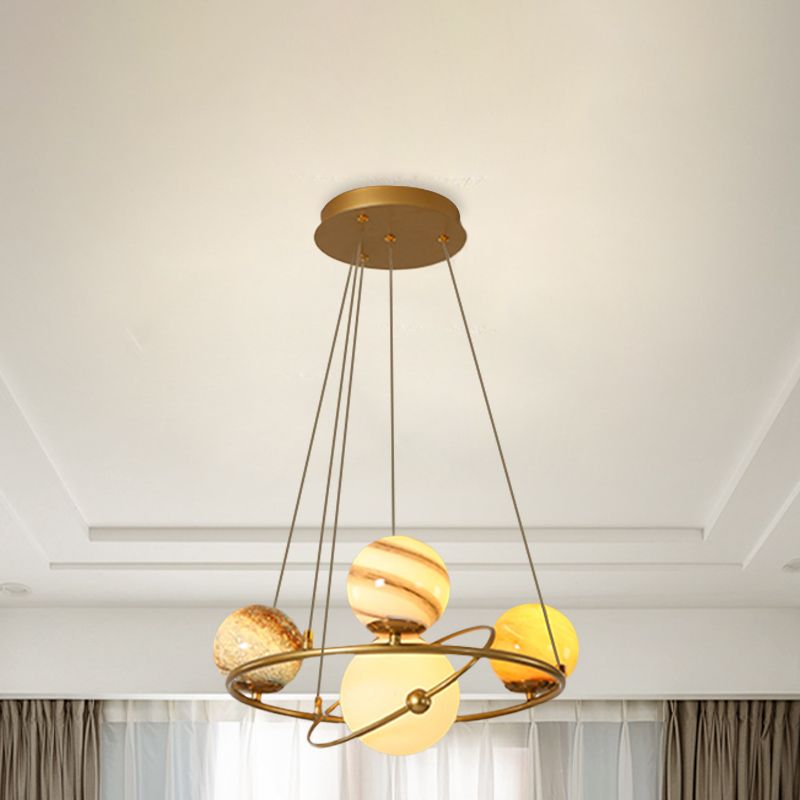 Kids Solar System Ceiling Pendant Light Stained Glass 4/6-Head Bedroom Chandelier Lighting in Gold