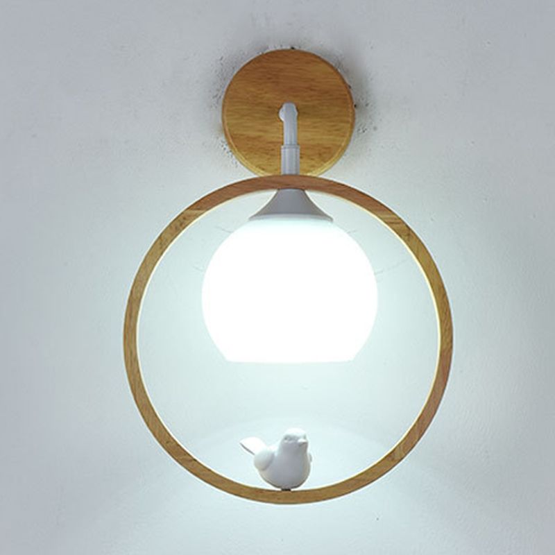 Modernism Wood Lighting Globe White Glass Shaded Wall Light for Foyer