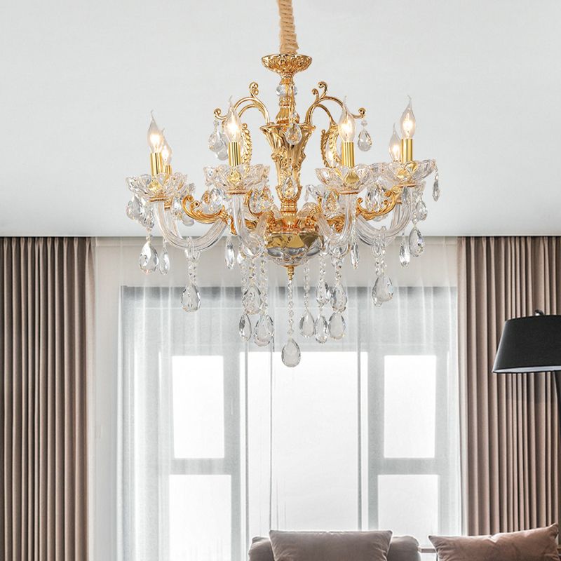 8-Head Candle Pendant Chandelier Traditionalism Gold Clear Crystal Glass Hanging Light Fixture