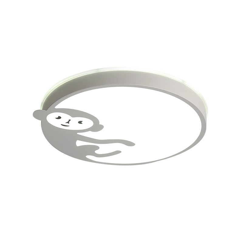 Plafonnier rond pour chambre d'enfant avec singe en métal et acrylique, plafonnier pour enfants en blanc