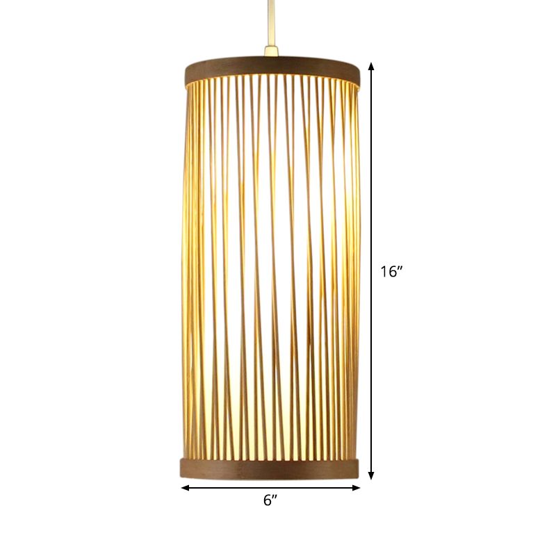 Asian 1 Head Pendant Lighting Wood Cylinder Hanging Ceiling Light with Bamboo Shade