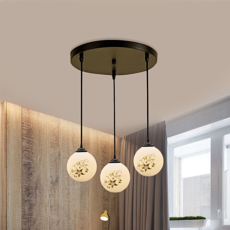Black Sphere Multi Ceiling Lamp Modernism White Printing Glass 3-Light Dining Room Pendant with Round/Linear Canopy