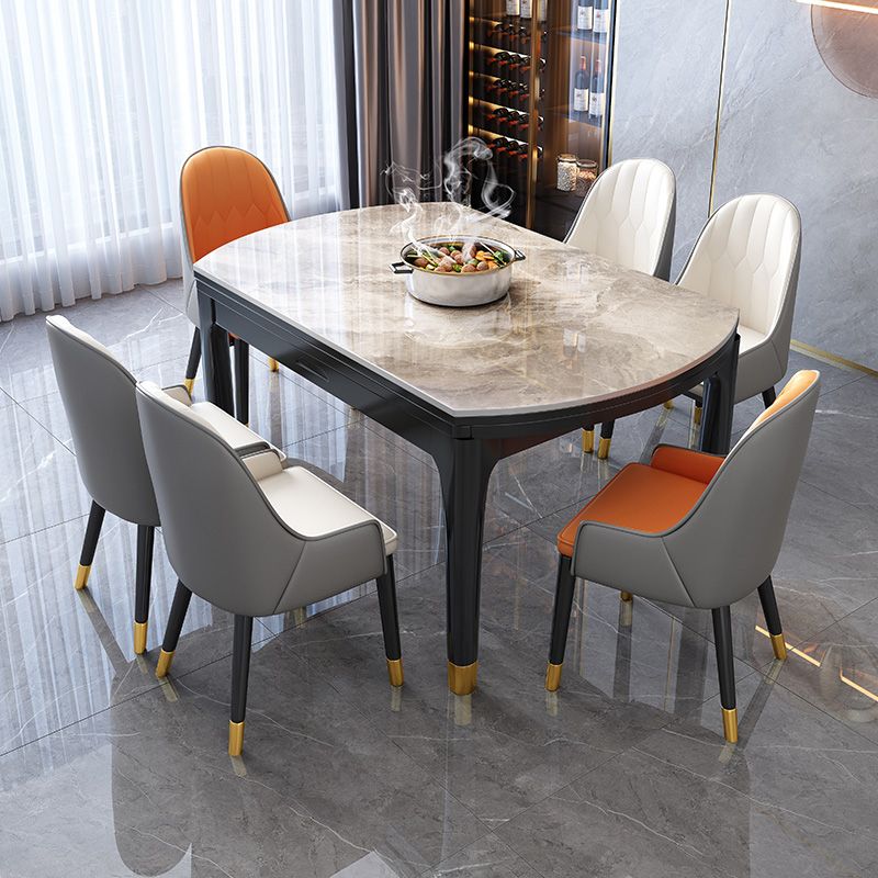 Modern Extendable Grey Stone Top Dining Table with 4 Black Steel Legs