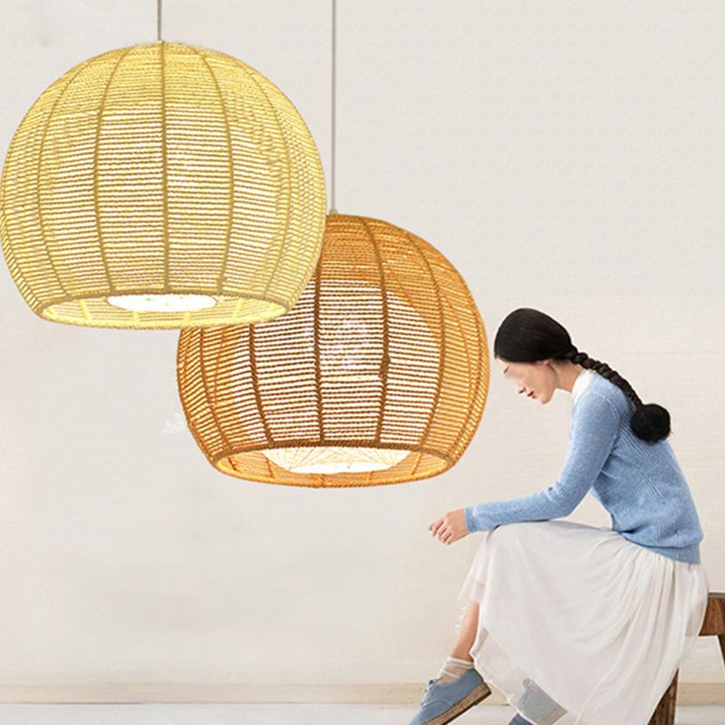 Asian Style Hand-weaving Lighting Fixture Double Rattan Shade Simplicity Globe Hanging Light for Bedroom Balcony
