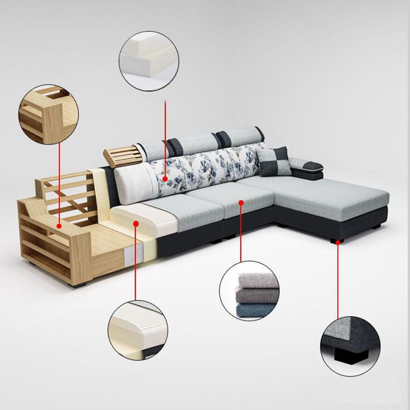 33.46" Tall Grey Sectional Sofa Faux Leather/Linen Flared Arm Modular Sofa