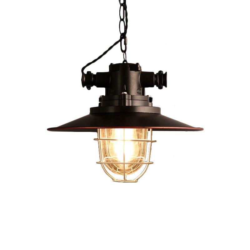 Black 1-Light Pendant Light Kit Factory Metal Saucer Hanging Lamp with White Wire Cage and Glass Shade Inside