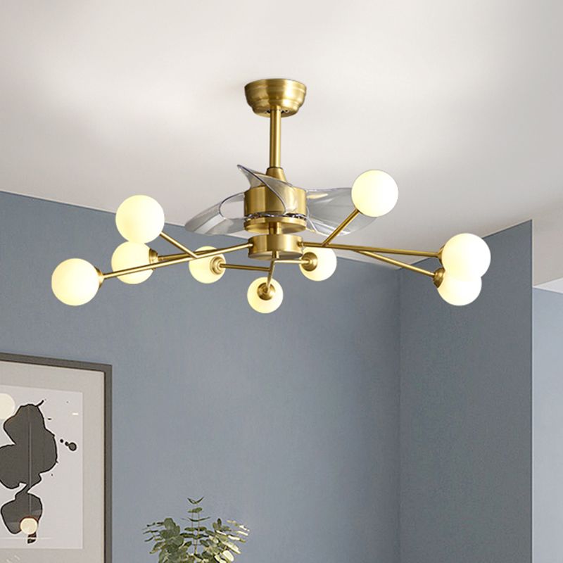 Baumzweig 3-Blade-Anhänger-Lüfterleuchten minimalistischer Ballglas Esszimmer Remote Semi-Flush-Licht in Messing, 36,5 "W.