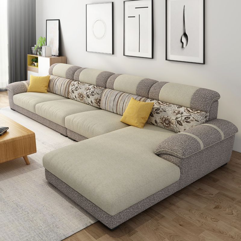 Cushion Back Contemporary Chaise Cotton 4-Seater Modular Sofa