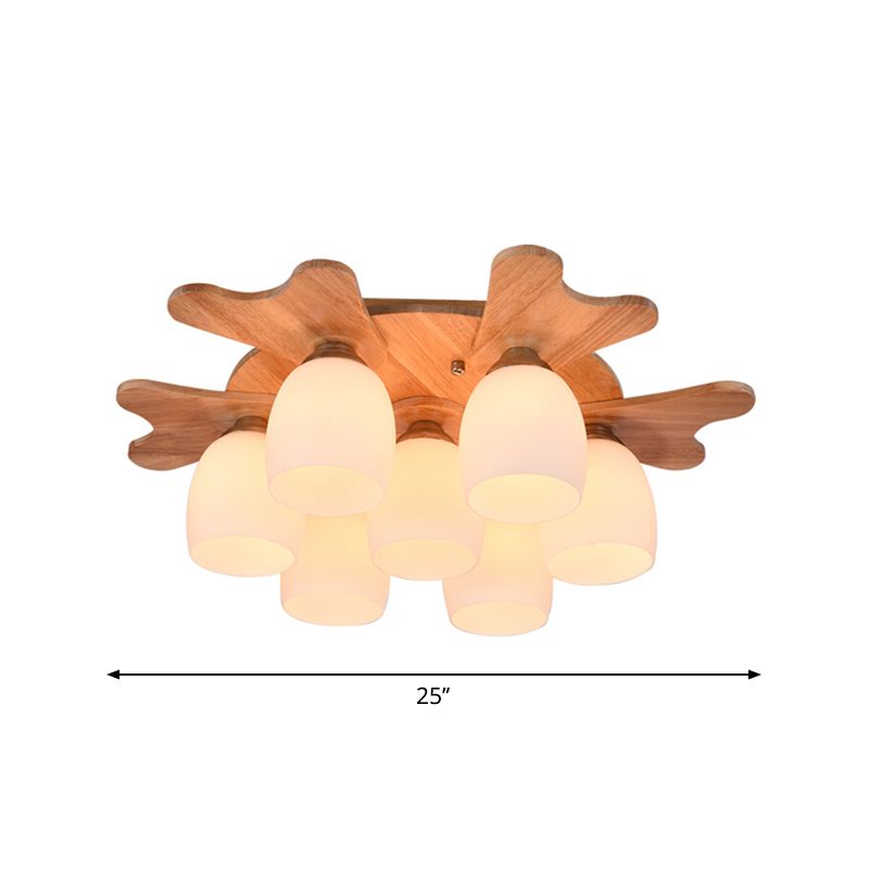 Cream Glass Bell Flush Ceiling Light Nordic 1/5/7-Head Semi Mount Lighting with Antler Top in Wood