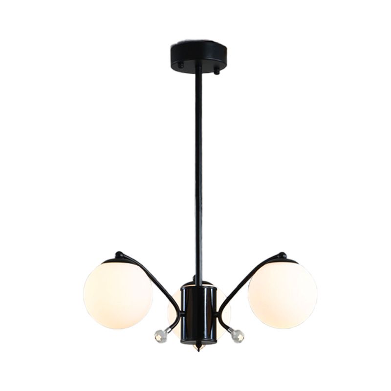 White Glass Ball Chandelier Modern 3/5/9 Lights Hanging Ceiling Fixture in Black with Curved Arm