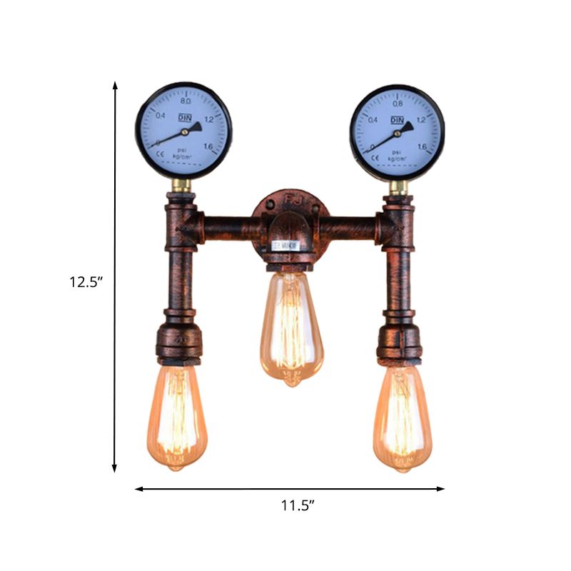 3 Lights Metallic Sconce Light Industrial Copper Exposed Bulb Balcony Wall Lamp with Double Gauge Deco