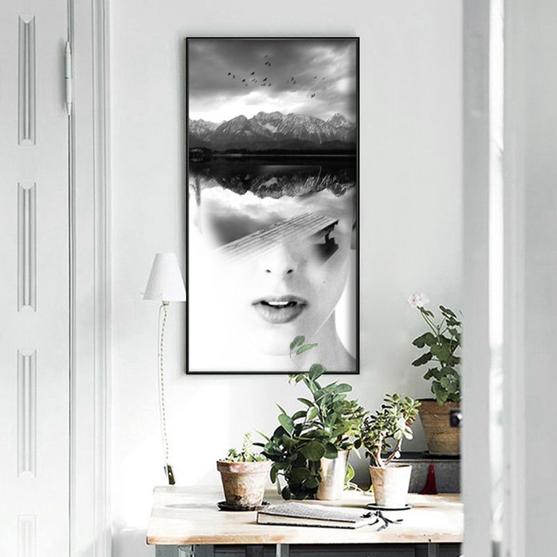 Canvas Soft Color Painting Contemporary Girl and Misty Hills Scene Wall Decor, Multiple Sizes