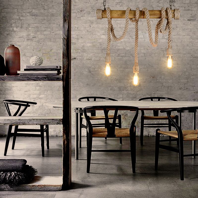 Bamboo 3 / 6 - Light Island Light Industrial Ceiling Pendant with Hemp Rope