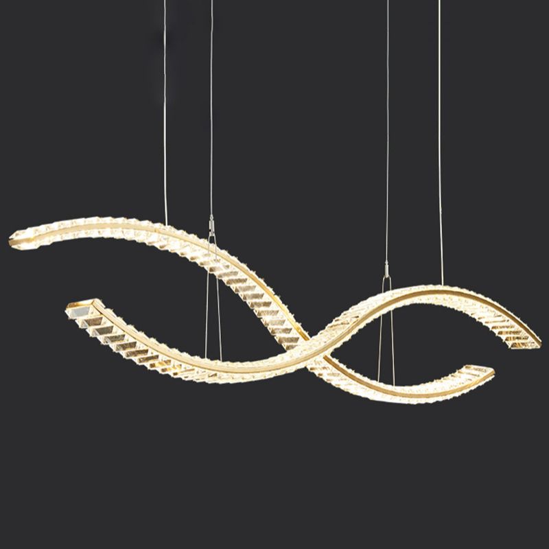 Modern LED Island Light Gold Wavy Crystal Suspension Light for Dining Room