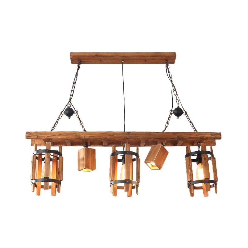 Grey/Brown 5 Lights Drop Pendant Farmhouse Wood Cylinder Frame Island Lighting with Ladder Design