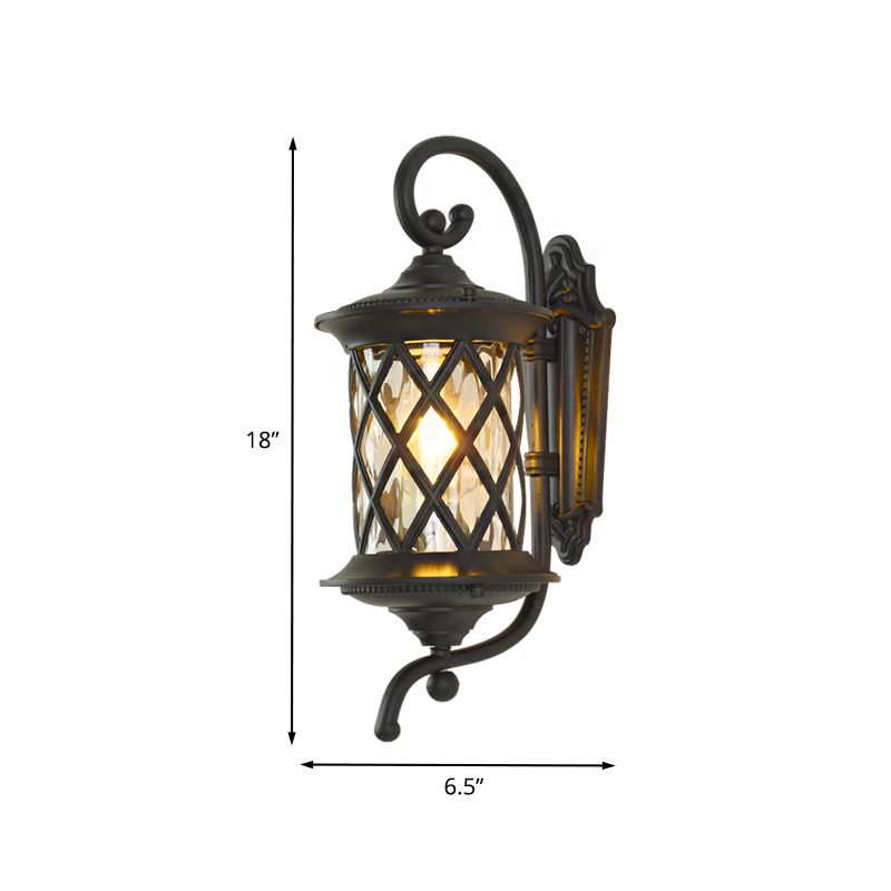 Curling Arm Outdoor Wall Light Rural 1 Head Clear Ripple Glass Black Wall Sconce Lighting