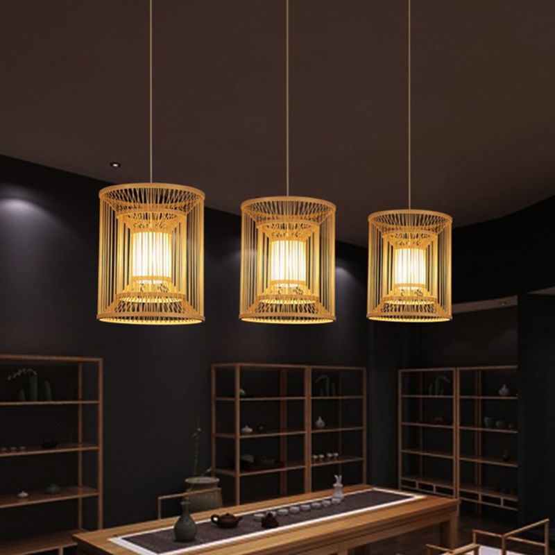 Cylindrical Pendant Lighting Tradition Bamboo 1 Bulb Wood Hanging Lamp Kit for Tearoom
