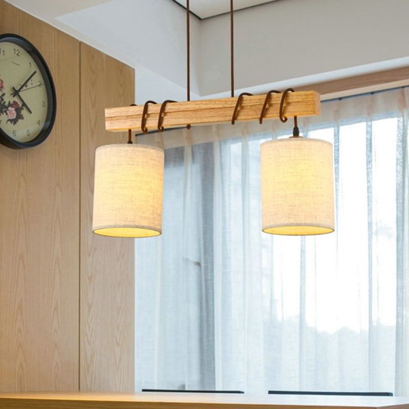 Fabric Wood Island Pendant Barrel 2/3 Lights Traditional Hanging Light Kit for Dining Room