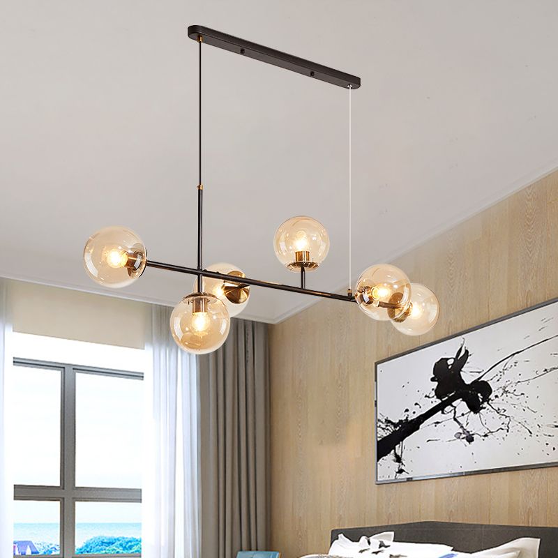Industrial 6-Light Island Pendant with Amber/Milky White/Gradient Blue Glass Shade Brass Ball Ceiling Light with Adjustable Cord