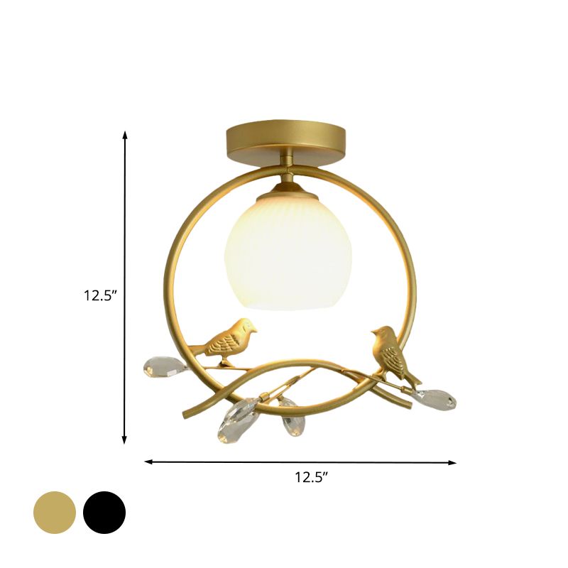 Metal Ring Semi-Flush Mount Modernist 1-Head Black/Gold Finish Flush Lighting with Bird and Crystal Deco