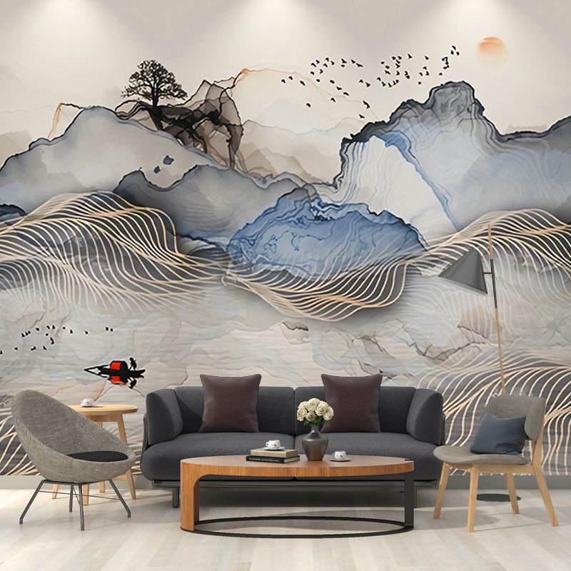 Minimalist Wall Mural Grey and Blue Mountain and Sun Wall Covering for Gallery, Non-Woven Material