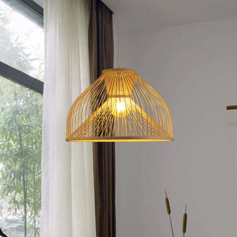 Bamboo Dome Suspension Pendant Light Contemporary 1 Head Wood Hanging Ceiling Light