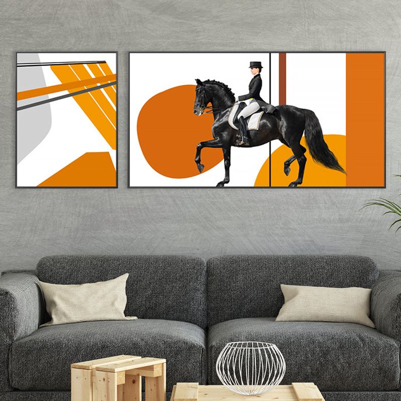 Bright Lady Rider Canvas Print with Geometric Background Modern Textured Wall Art