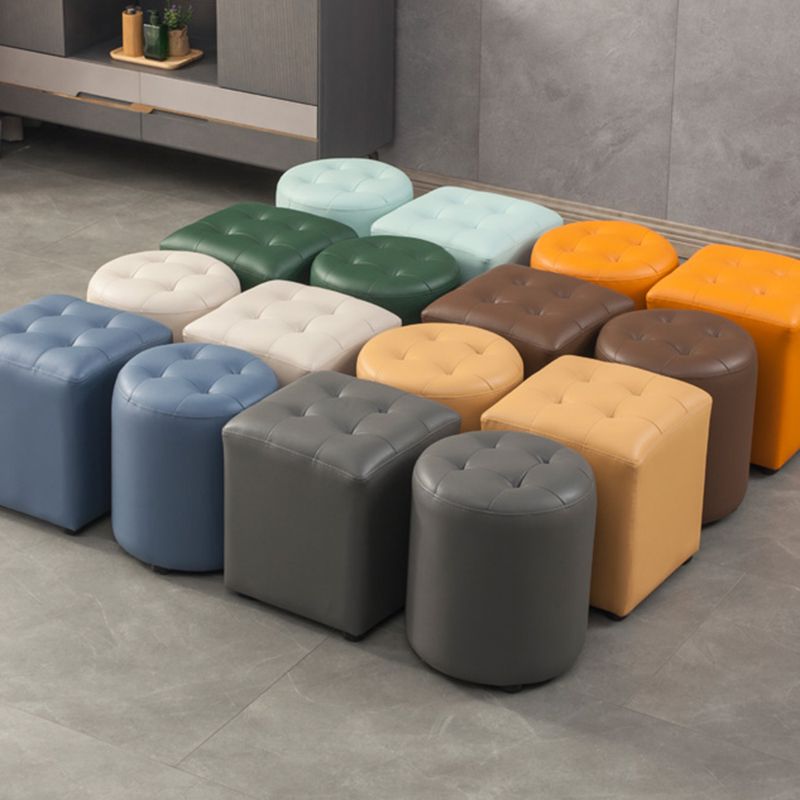 Modern Round Ottoman Solid Color Genuine Leather Tufted Pouf Ottoman