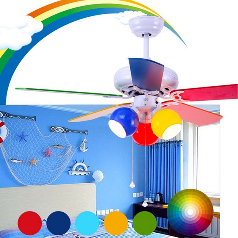 Multicolored Glass Dome Shade Hanging Fan Lamp Macaron 3-Light Red-Yellow-Blue Semi Flush Light