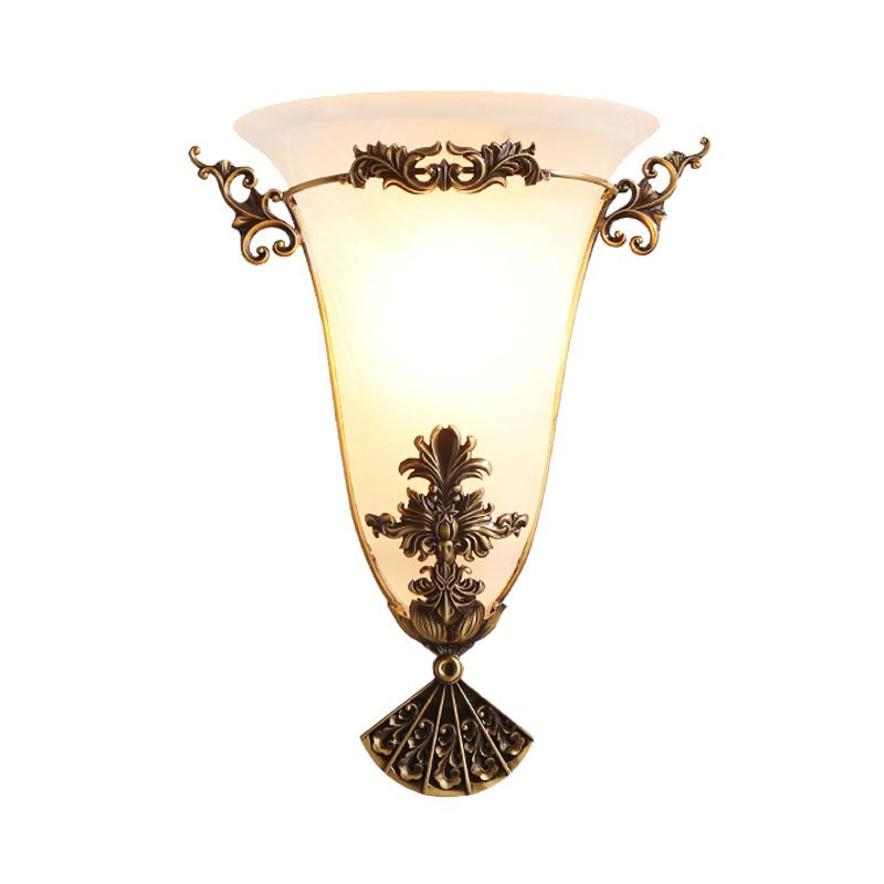 Brass Flower Sconce Light Traditional 1 Head Milky Glass Wall Lighting Fixture for Hallway