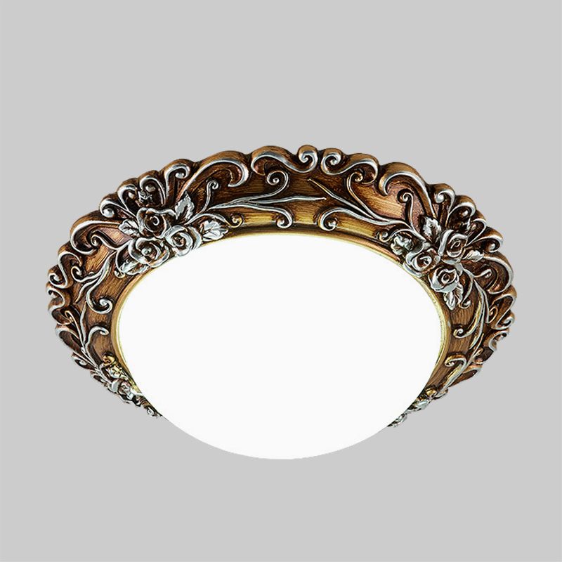 Milky Glass Semi-Orb Ceiling Fixture Traditional LED Corridor Flush Mount Lighting with Floral Edge in White and Gold/Brown