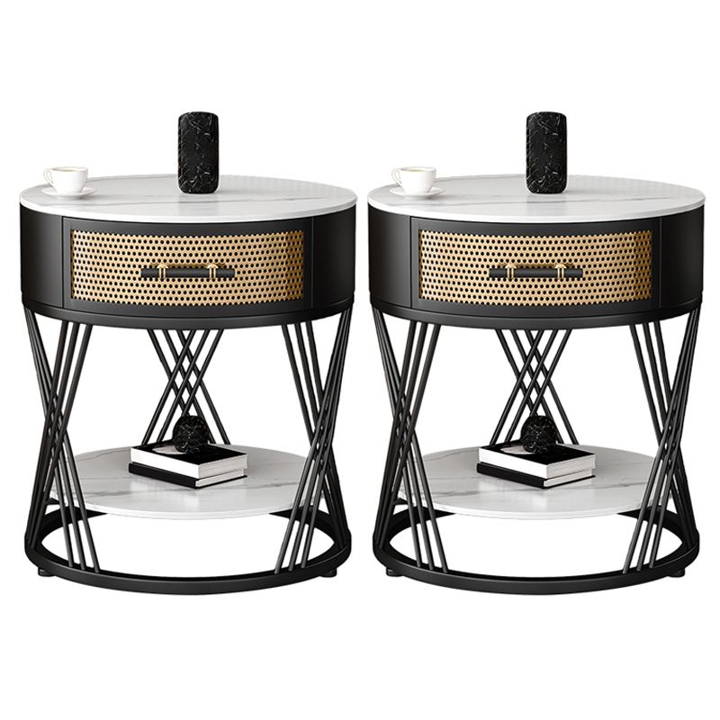 Modernistic Metal Frame End Table Slate Top Round Side End Table