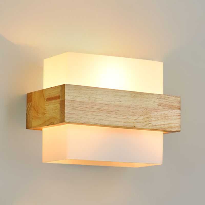 Log Color Rectangular Wall Lamp in Modern Simplicity Wooden Indoor Wall Light with Glass Shade