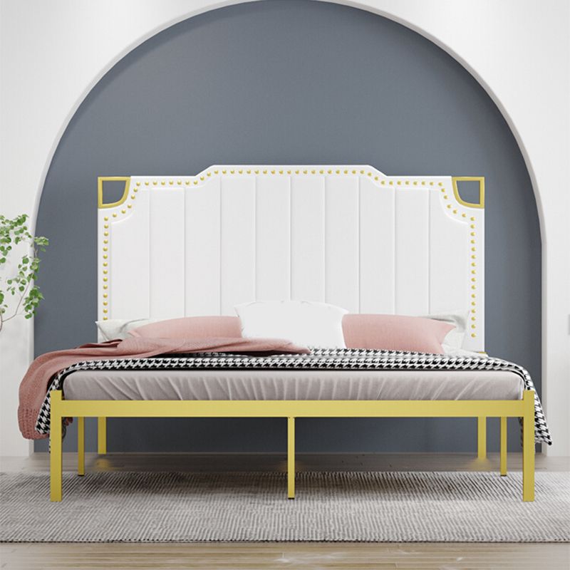 Iron Bed with Faux Leather Stepped Headboard and Nailhead Trim