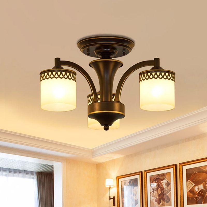 3/6 Bulbs Cylinder Semi Mount Lighting Classic Black Finish Tan Glass Ceiling Light Fixture with Twisted Arm