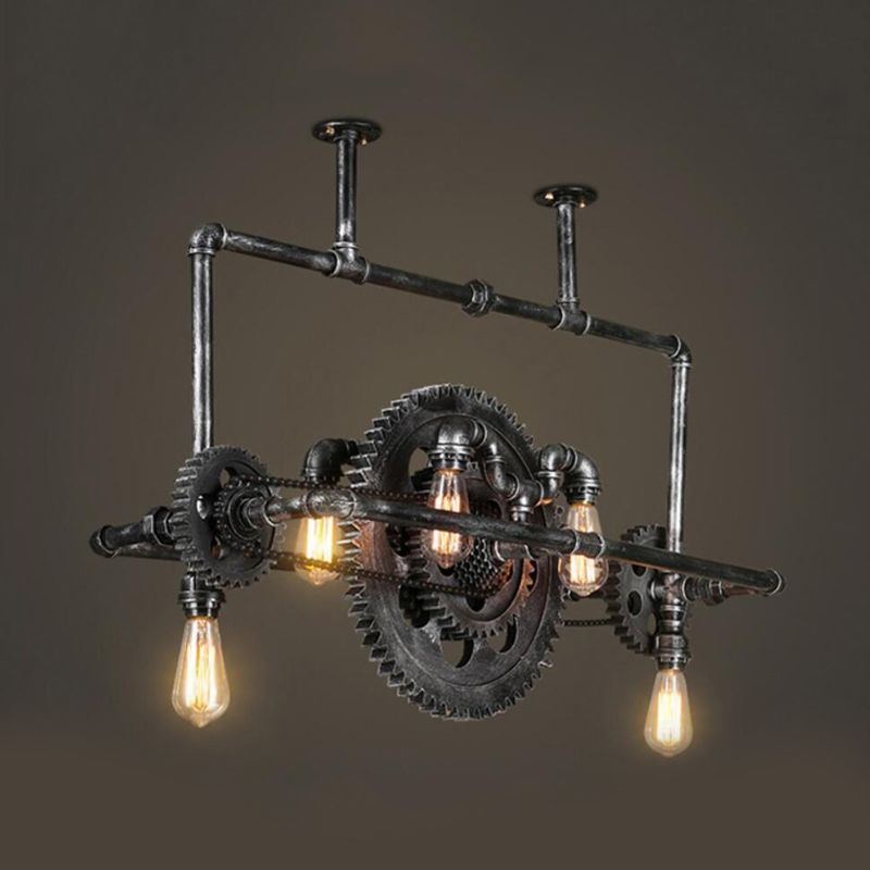 Silver Gray Open Island Light Fixture Coastal Metal 6-Light Dining Room Hanging Lamp with Gear Design