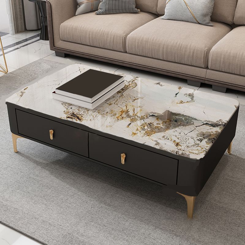 Glam Rectangle Stone Coffee Table Single 4 Legs Coffee Table with Storage Drawers