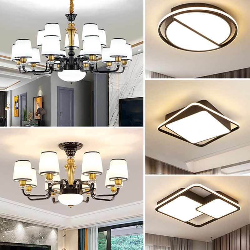 White Glass Barrel Drop Lamp Contemporary Black Chandelier Light Fixture for Dining Room