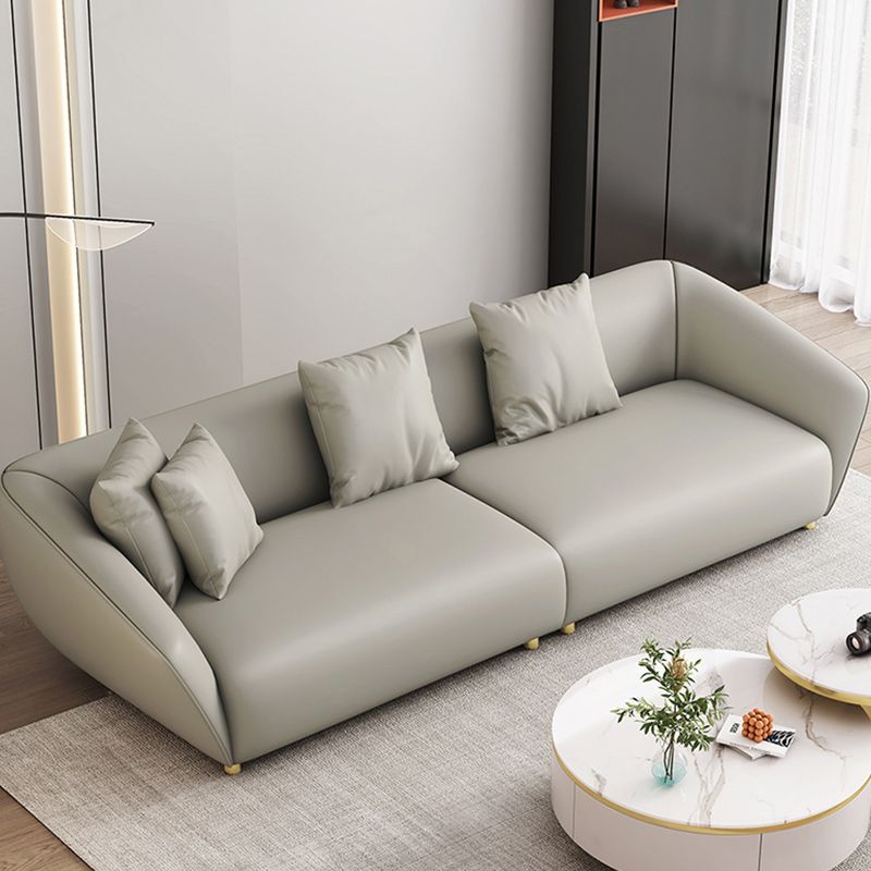 Glam Sloped Arm Sofa with Pillows Genuine Leather Sofa in Gray