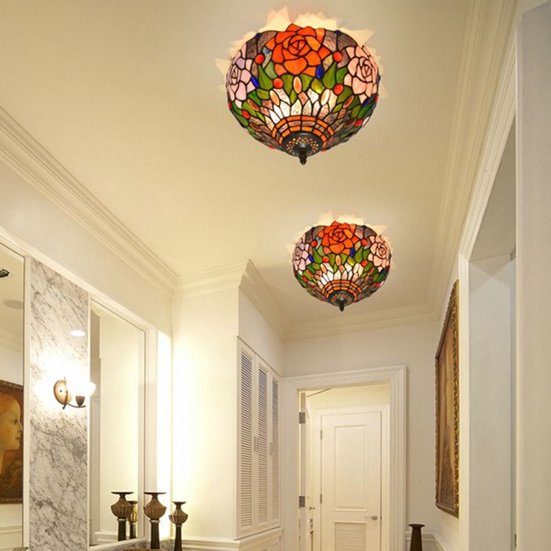 Brass Blossom Lighting Fixture Tiffany 2 Bulbs Multicolored Stained Glass Flush Mount Ceiling Light