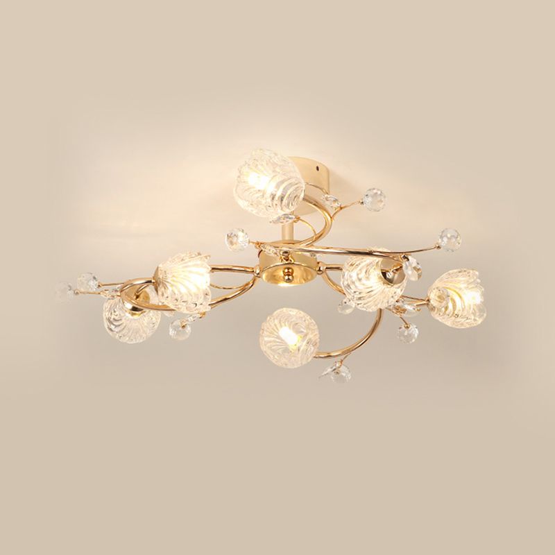 6-Head Bedroom Semi Flush Light Fixture Minimalism Gold Ceiling Lighting with Bloom Clear Crystal Shade