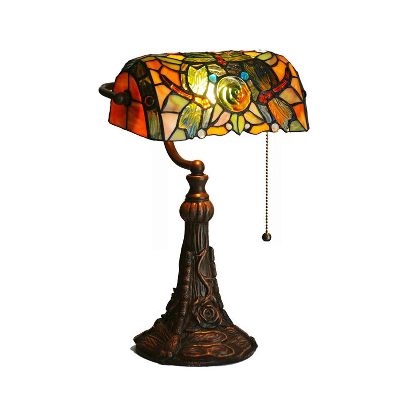 Dragonfly and Flower Cut Glass Banker Lighting Tiffany Style 1-Light Yellow Pull Chain Nightstand Lamp